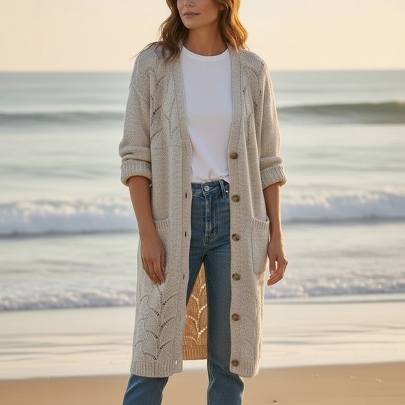 Carly Jean Los Angeles Sweaters - CARLY JEAN LOS ANGELES CJLA Ivory Duster Button Cardigan Sweater L New